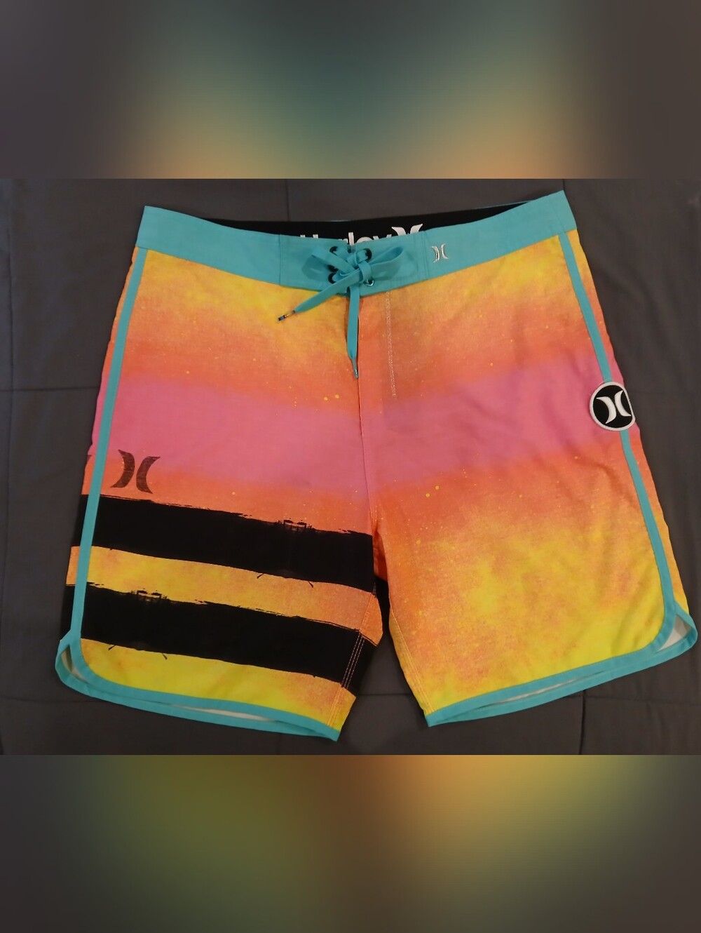 Hurley Neon Ombre Board Shorts - Pink Orange Yellow with Teal Trim Size 33